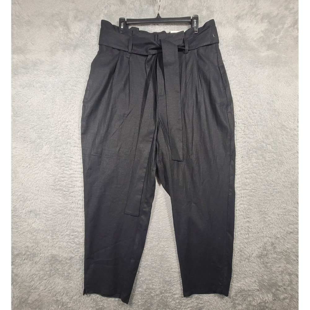 Black Linen Blend Paperbag Waist Straight Leg Pants Womens 16W Cropped High Rise